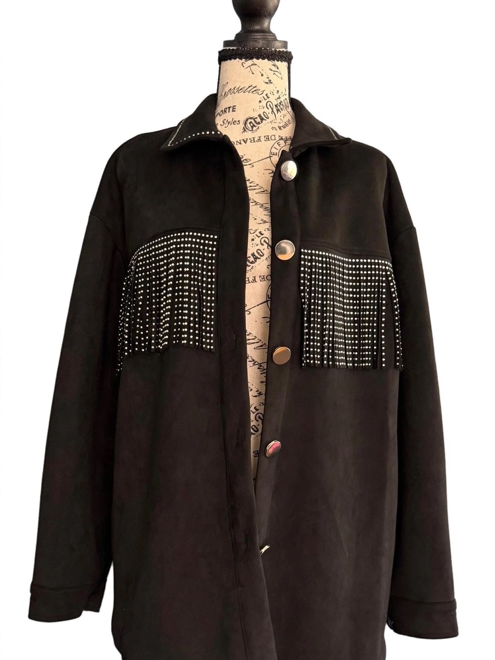 Alice Blue Black Suede Fringe Jacket with Studded Trim